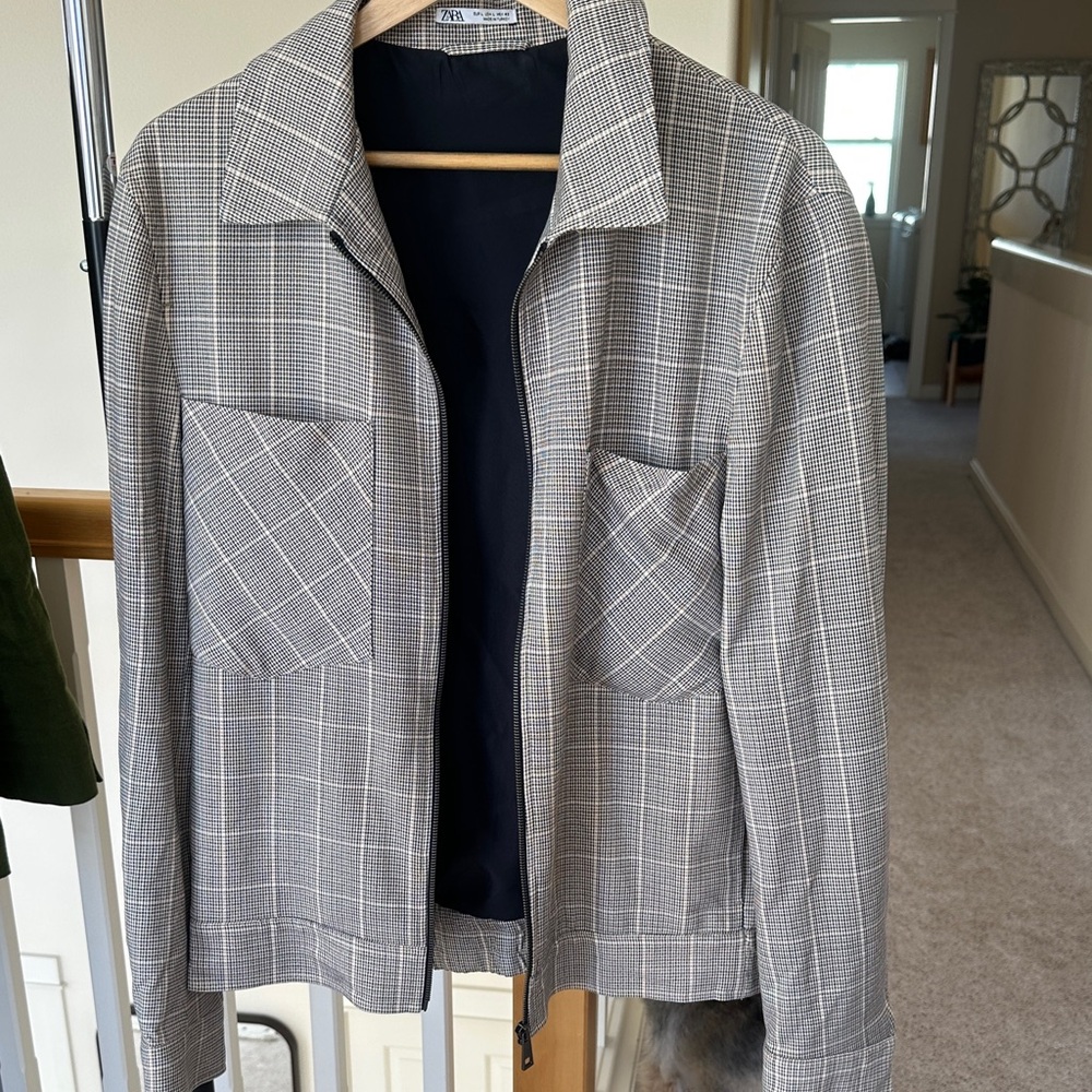 Zara Gray Plaid Zip-Up Jacket